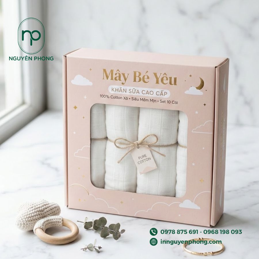 in hộp đựng khăn xô, khăn sữa cho em bé